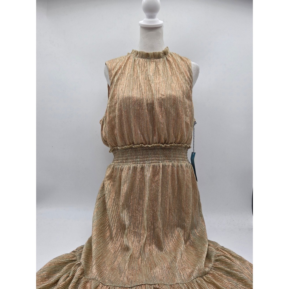 Draper James RSVP Gold Metallic Pleated Midi Dress Size L NWT 101-807